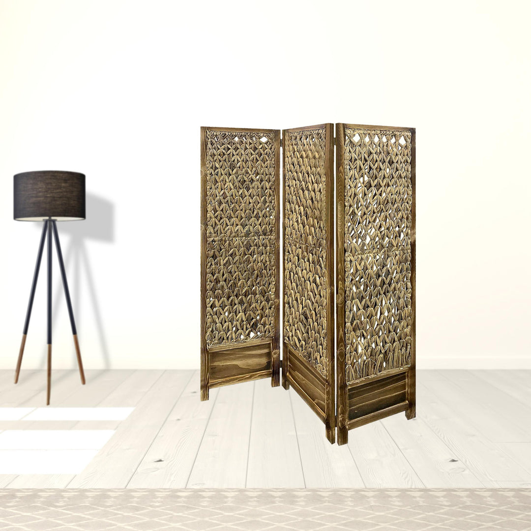 Casual Wood And Seagrass Three Panel Room Divider Screen