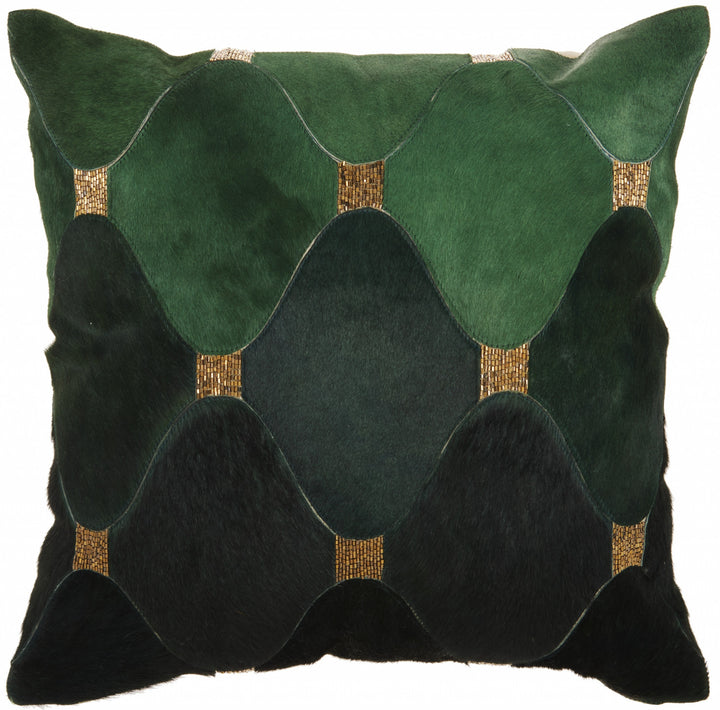 18" X 18" Green Geometric Cowhide Pillow With Sequins