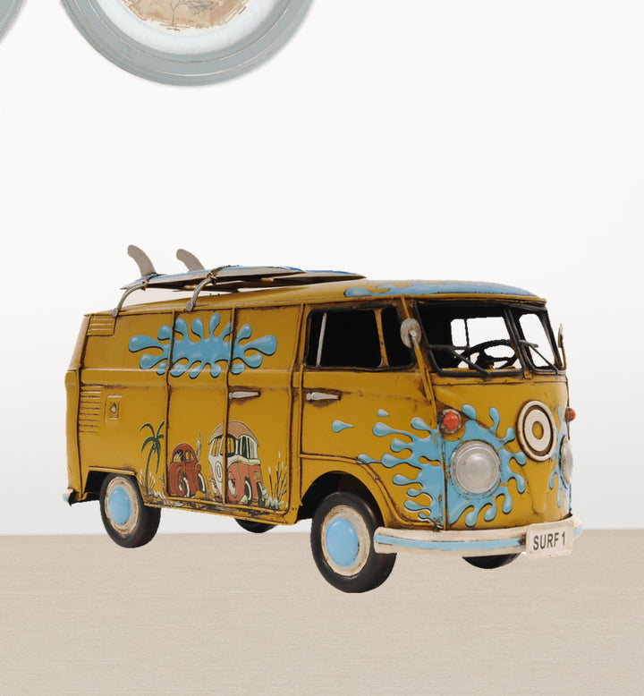 8" Blue and Yellow Metal c1967 Volkswagen Hand Painted Decorative Bus