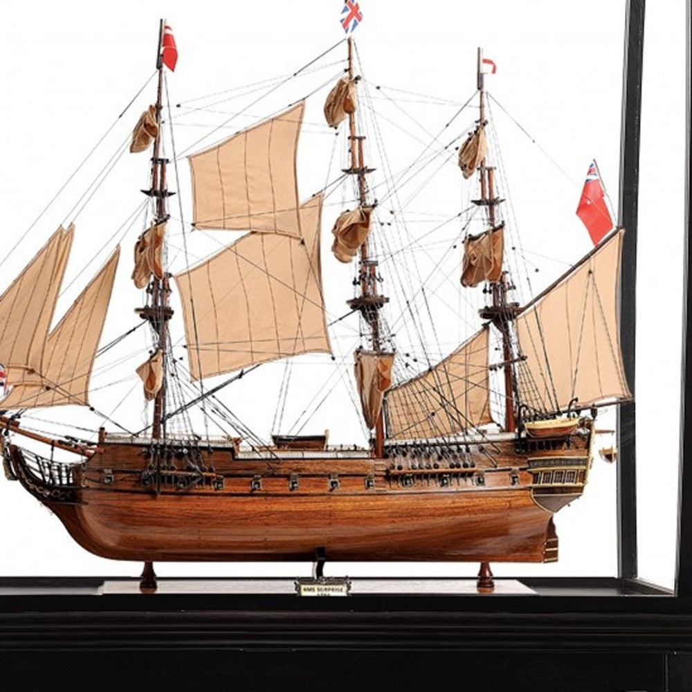 69" Wood Brown HMS Surprise 1796 Hand Painted Decorative Boat with Case