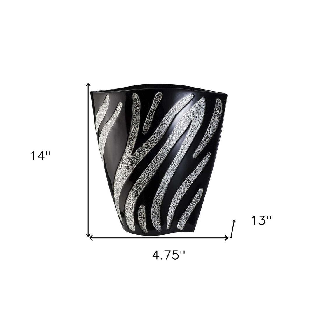 14" Black and Silver Striped Polyresin Table Vase