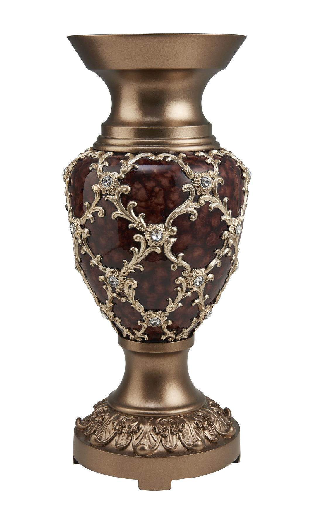 18" Gold and Brown Damask Polyresin Round Urn Vase