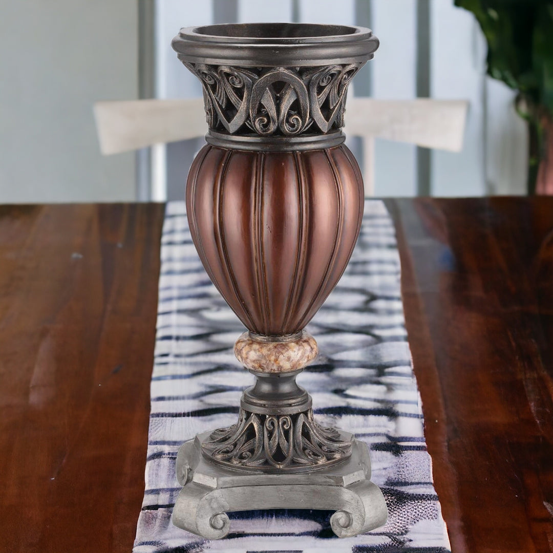 16" Polyresin Brown and Bronze Striped Round Urn