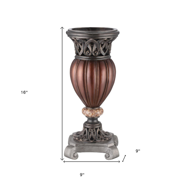 16" Polyresin Brown and Bronze Striped Round Urn