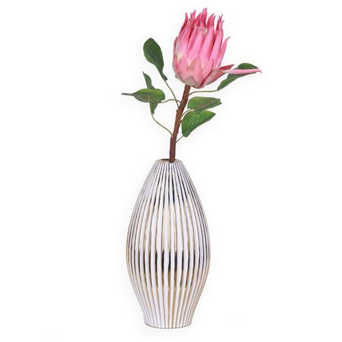 14" White and Gold Ceramic Striped Bud Vase