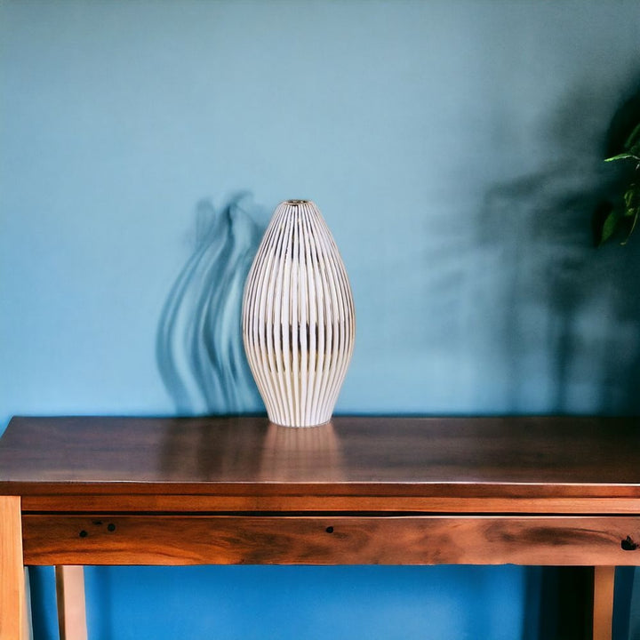 14" White and Gold Ceramic Striped Bud Vase