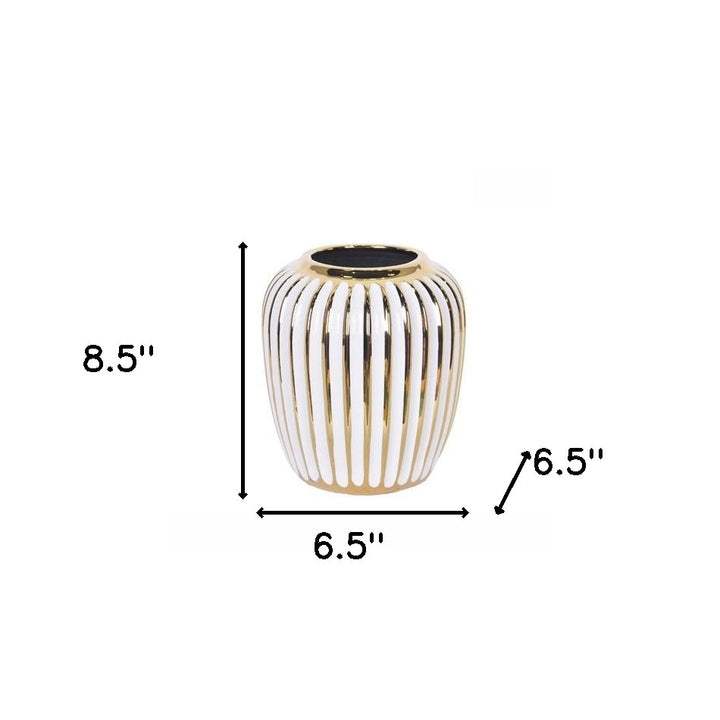 9" White and Gold Ceramic Striped Round Table Vase