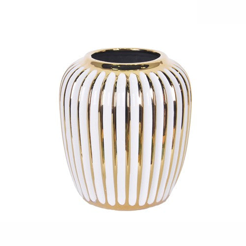 9" White and Gold Ceramic Striped Round Table Vase