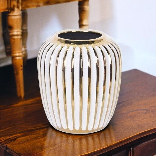 9" White and Gold Ceramic Striped Round Table Vase