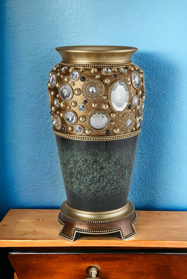 16" Green and Gold Polyresin Bejeweled Urn Vase