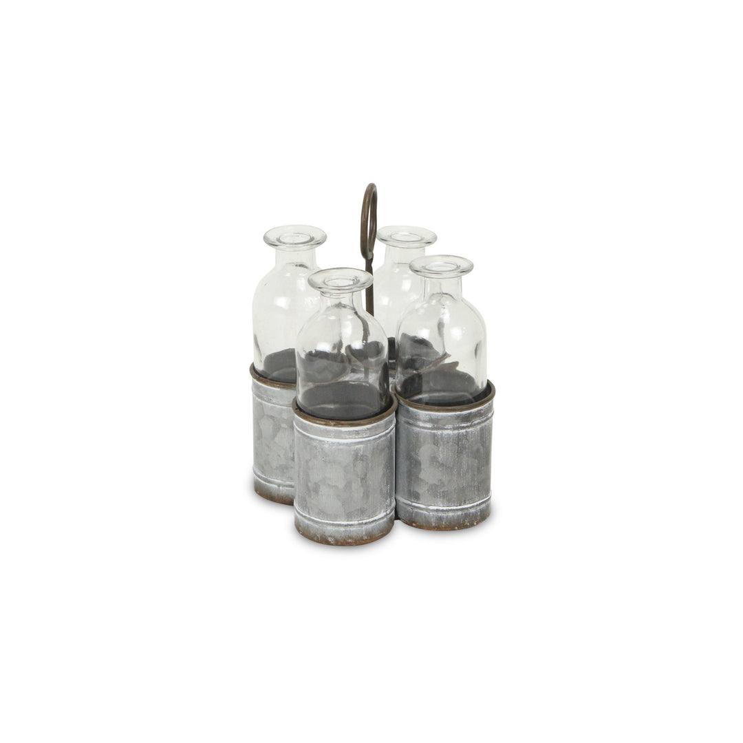 Set of Four Clear Galvanized Metal and Glass Decorative Bottles