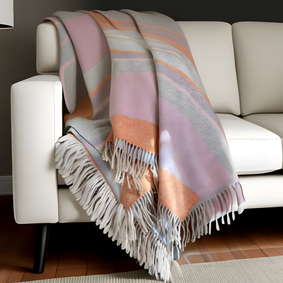 Blue and Pink Woven Wool Striped Throw Blanket