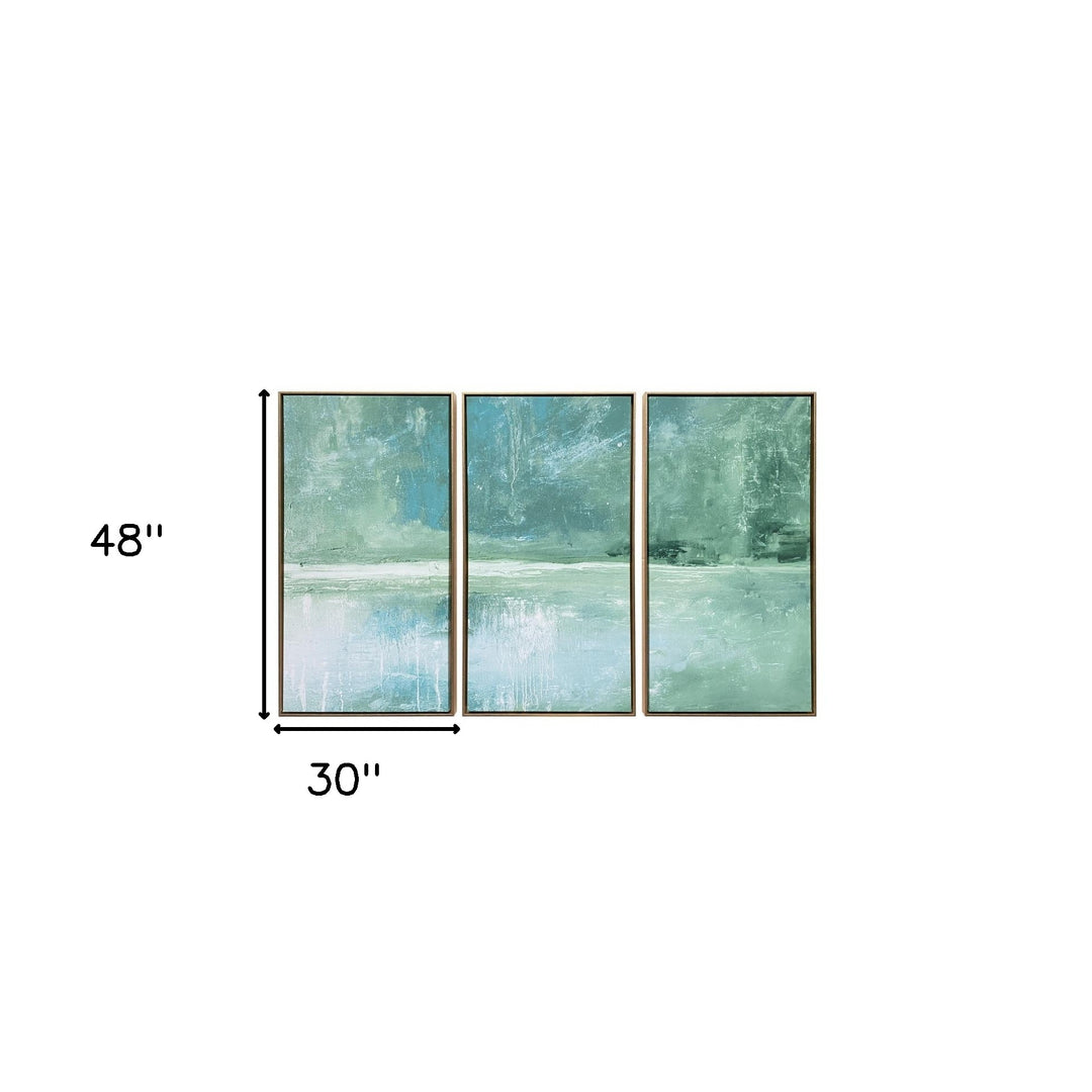 Set Of Three Blue Green Abstract Water with Gold Floater Frame Painting Wall Art