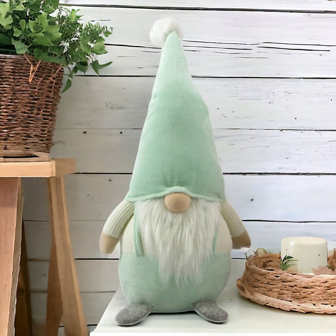 22" Green and White Fabric Standing Gnome