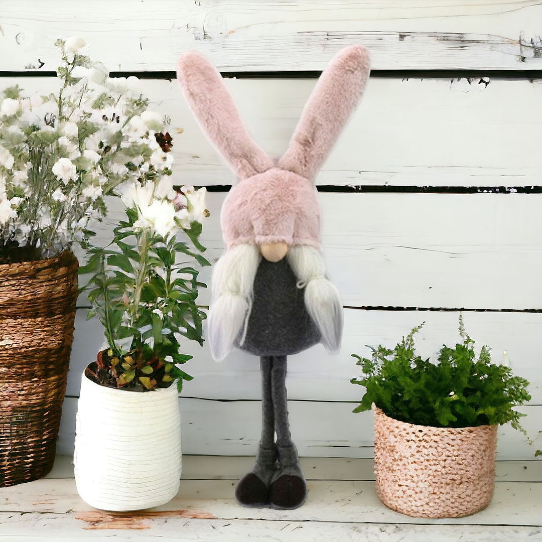 20" Gray and Pink Fabric Bunny Ears Sitting Gnome