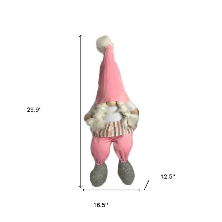 30" Pink and White Fabric Sitting Gnome