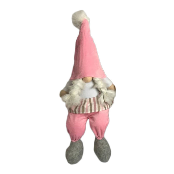 30" Pink and White Fabric Sitting Gnome