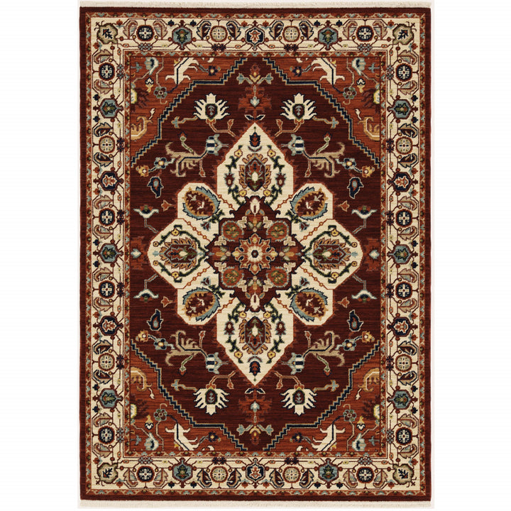 5' X 8' Red Ivory Orange And Blue Oriental Power Loom Stain Resistant Area Rug With Fringe