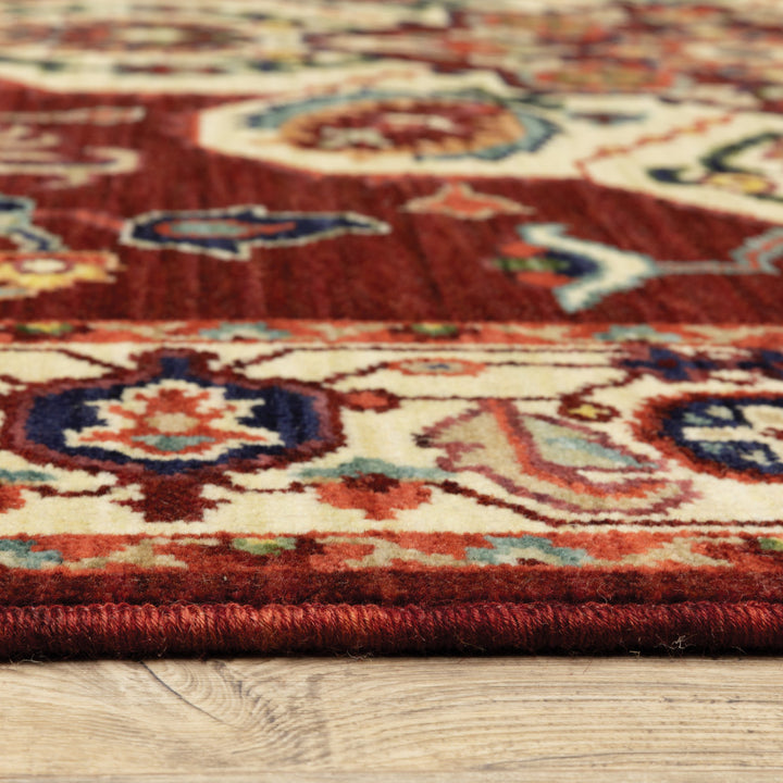 5' X 8' Red Ivory Orange And Blue Oriental Power Loom Stain Resistant Area Rug With Fringe