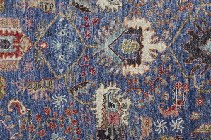 12' X 15' Blue And Red Wool Floral Hand Knotted Stain Resistant Area Rug