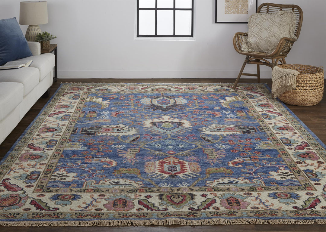 12' X 15' Blue And Red Wool Floral Hand Knotted Stain Resistant Area Rug