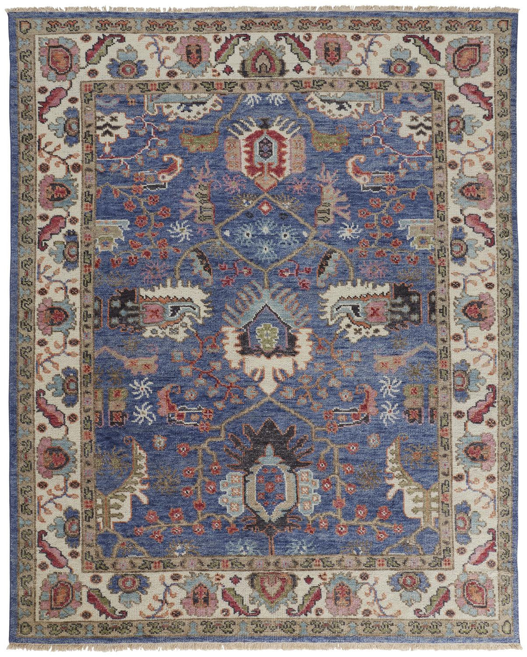 12' X 15' Blue And Red Wool Floral Hand Knotted Stain Resistant Area Rug