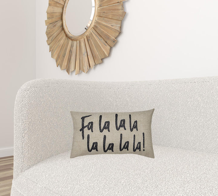 12" X 20" Beige and Black Christmas Linen Linen Blend Zippered Pillow With Embroidery