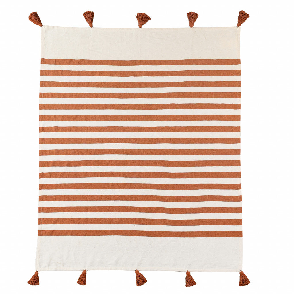 Orange Woven Cotton Striped Throw Blanket