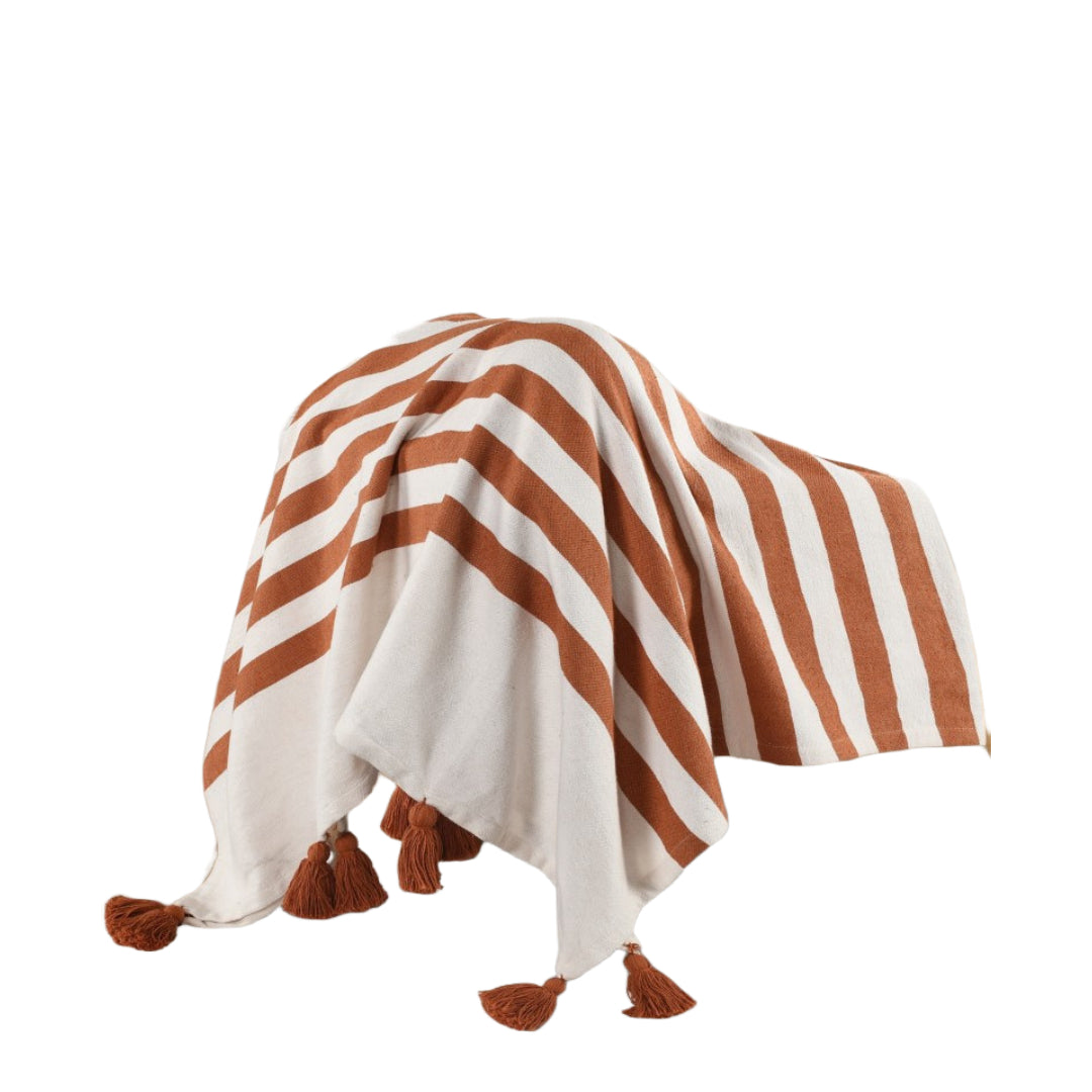 Orange Woven Cotton Striped Throw Blanket