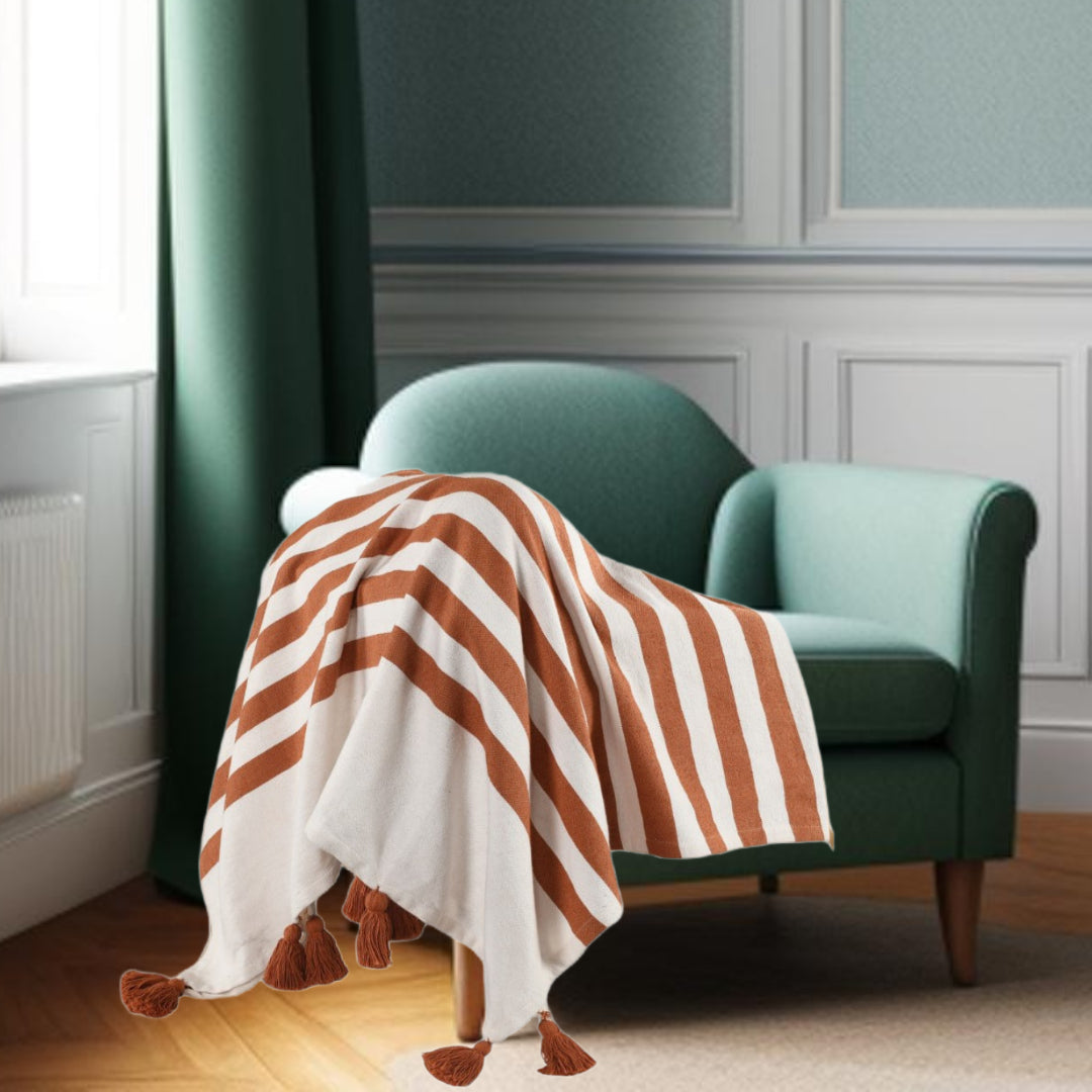 Orange Woven Cotton Striped Throw Blanket