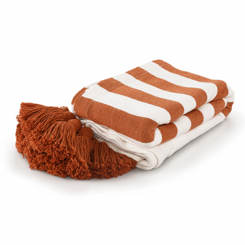 Orange Woven Cotton Striped Throw Blanket