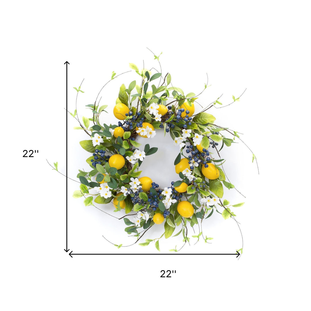 22" Green and Yellow Summer Blueberry and Lemons Artificial Wreath