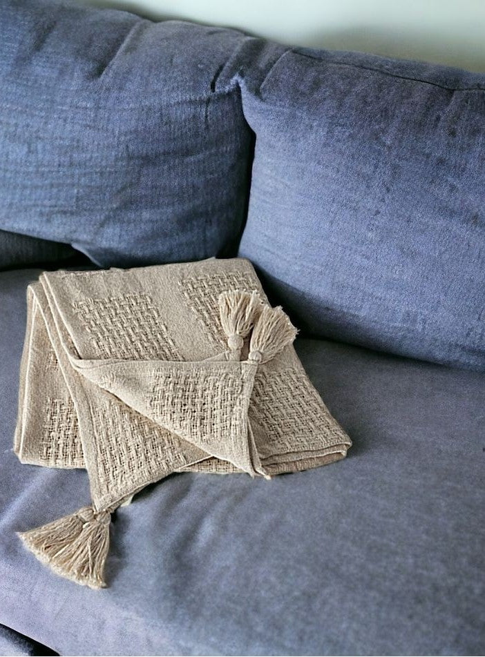 Cream Woven Cotton Solid Color Throw Blanket