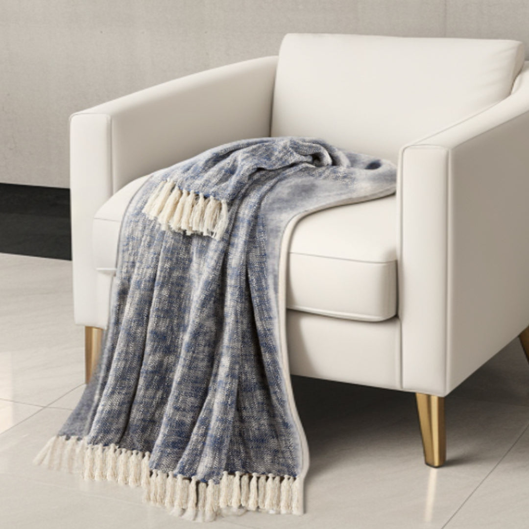 Blue and White Woven Cotton Solid Color Throw Blanket