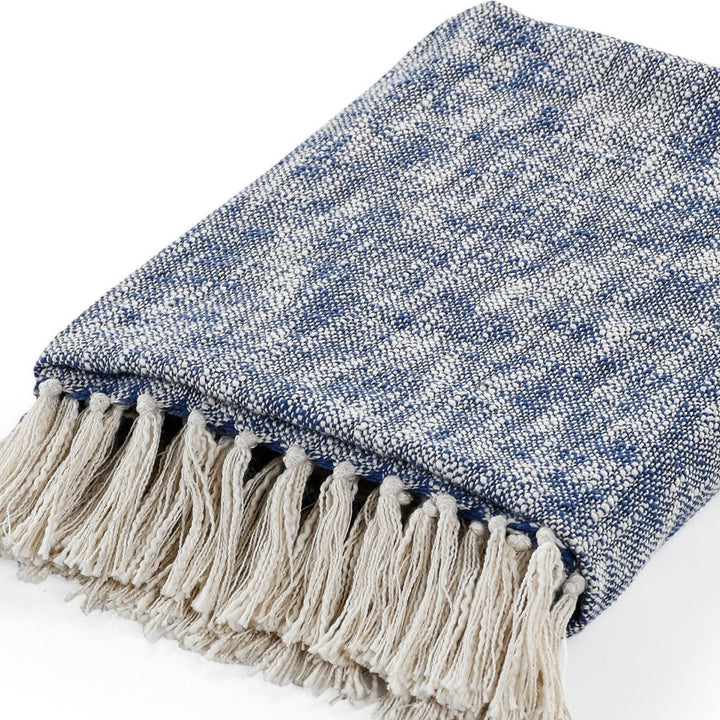 Blue and White Woven Cotton Solid Color Throw Blanket