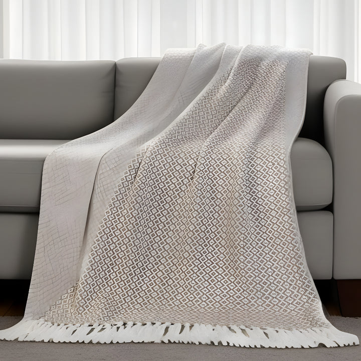 Tan Woven Cotton Geometric Throw Blanket