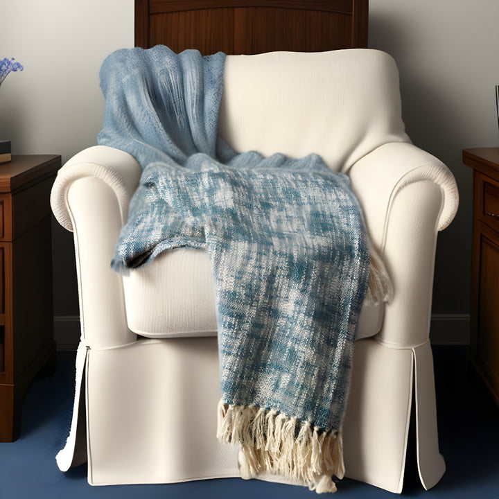 Blue and White Woven Cotton Solid Color Throw Blanket