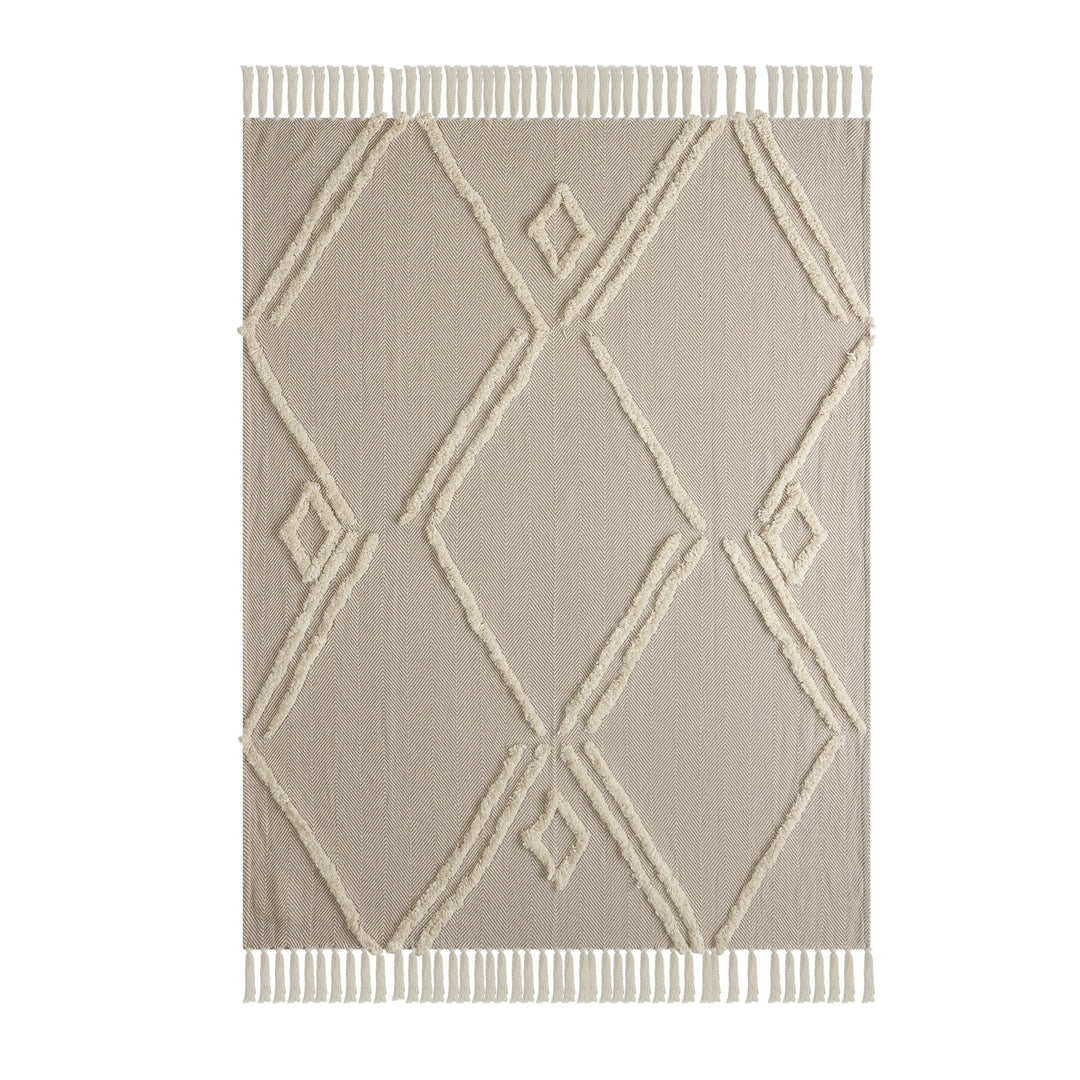 Cream Woven Cotton Herringbone Throw Blanket