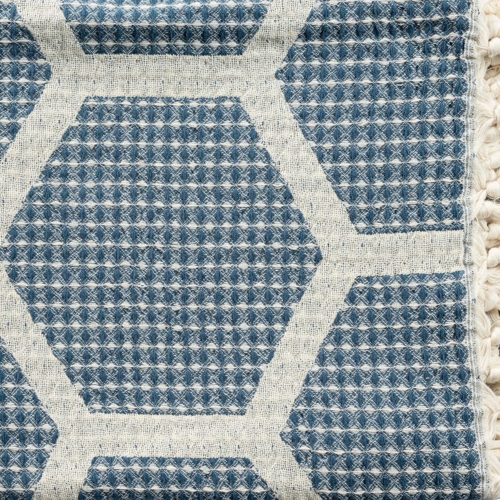 Blue and Off White Woven Cotton Geometric Throw Blanket