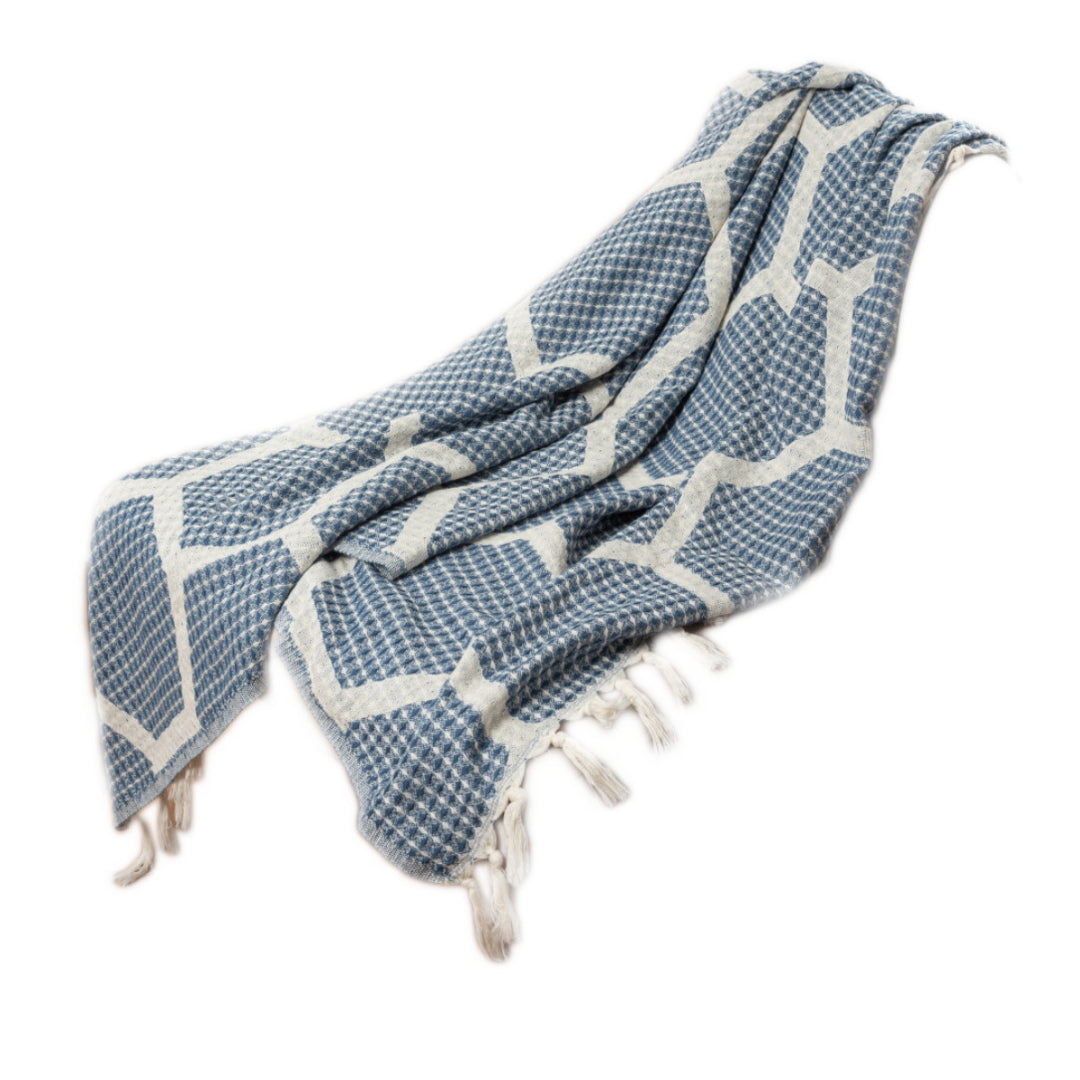 Blue and Off White Woven Cotton Geometric Throw Blanket