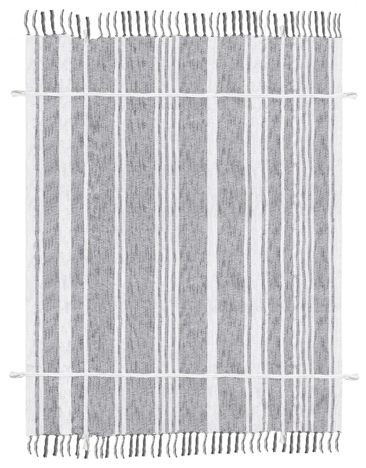 Gray and White Woven Cotton Striped Throw Blanket