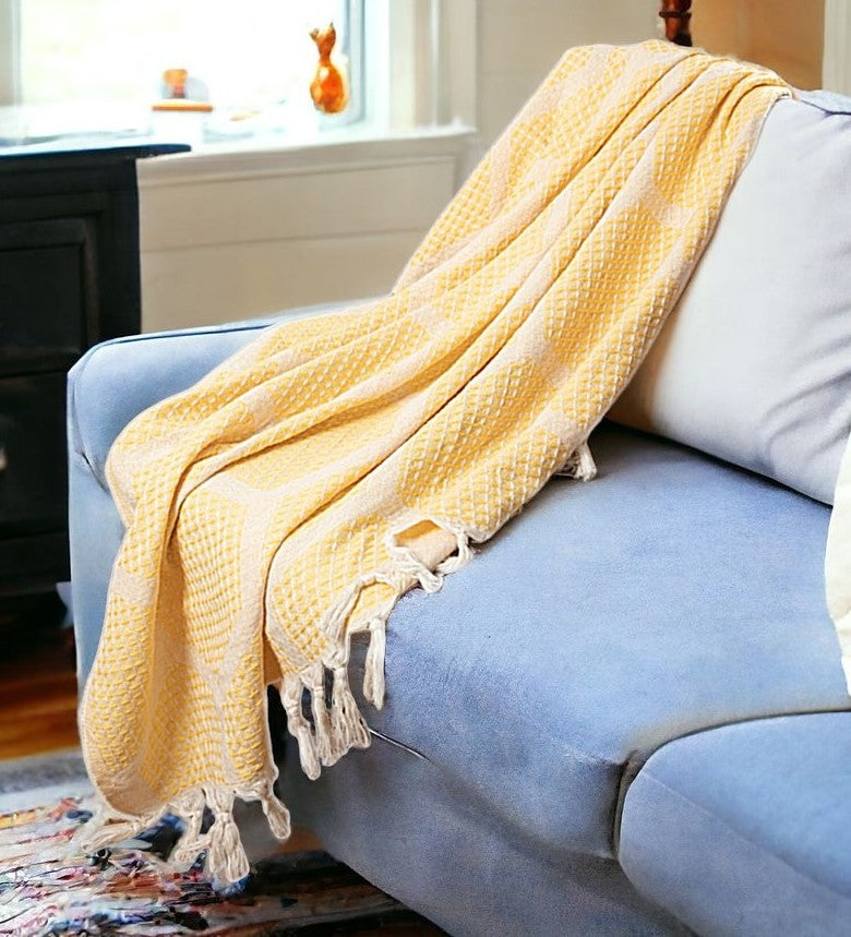 Yellow Woven Cotton Geometric Throw Blanket