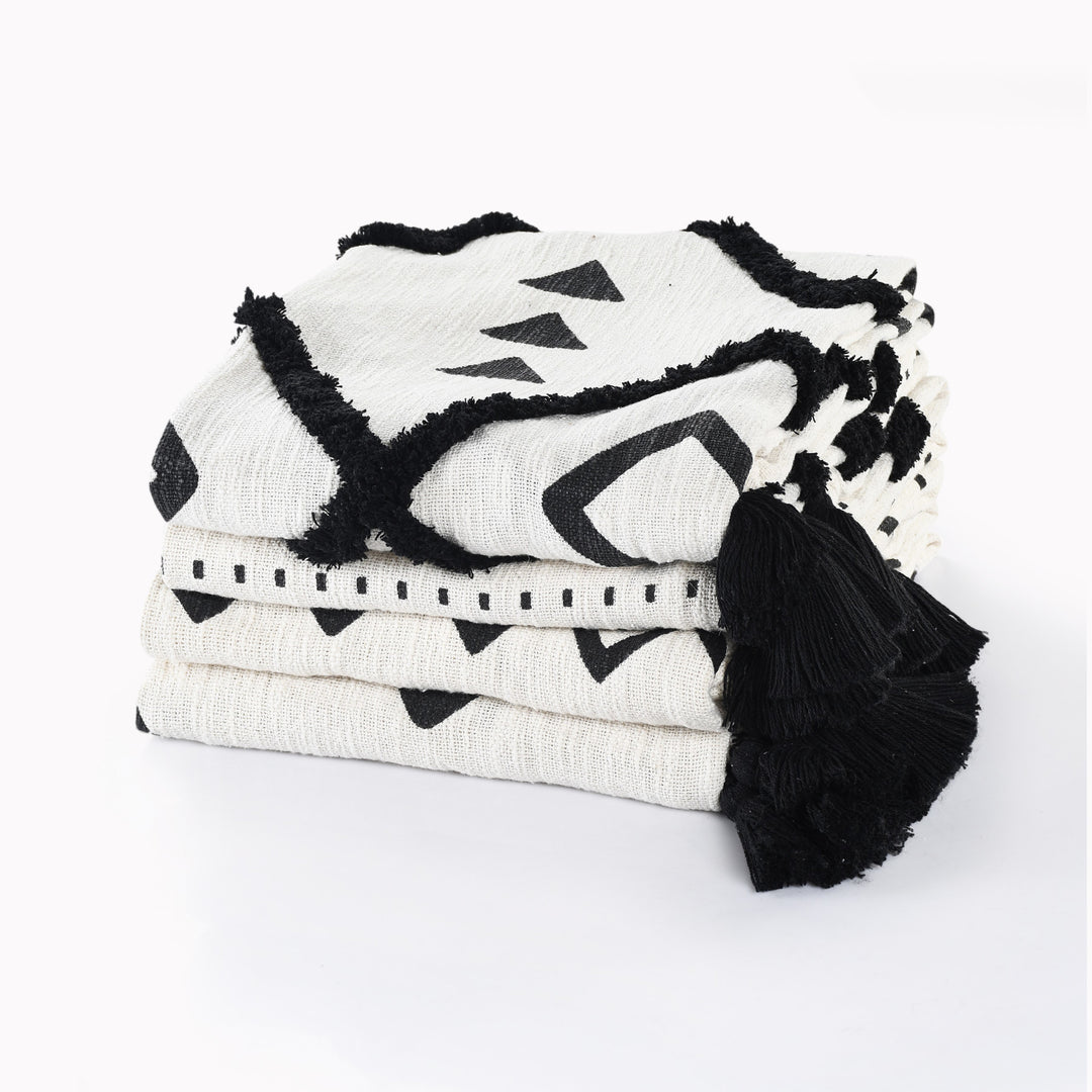 Black and White Woven Cotton Striped Throw Blanket