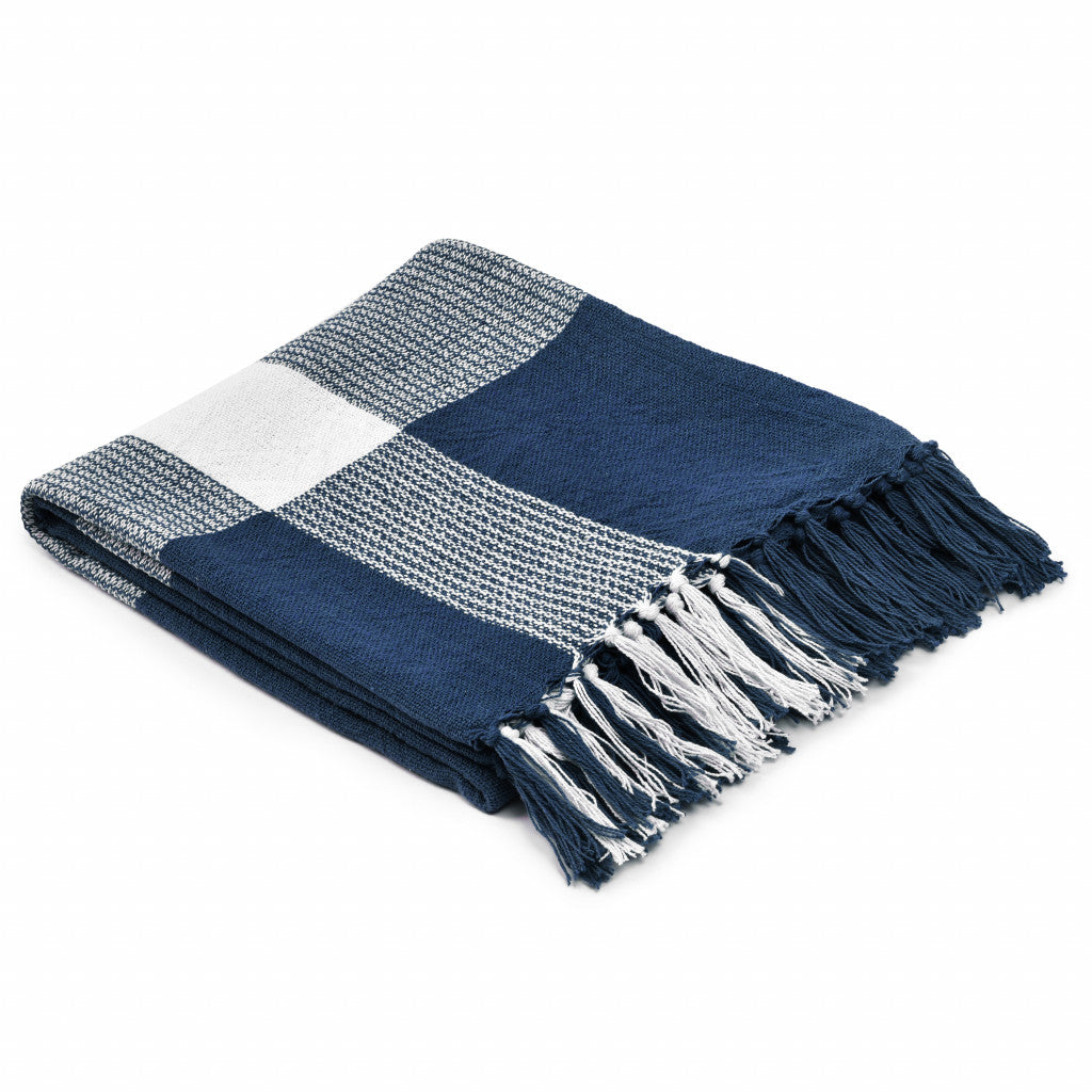 Blue and White Woven Cotton Checkered Throw Blanket