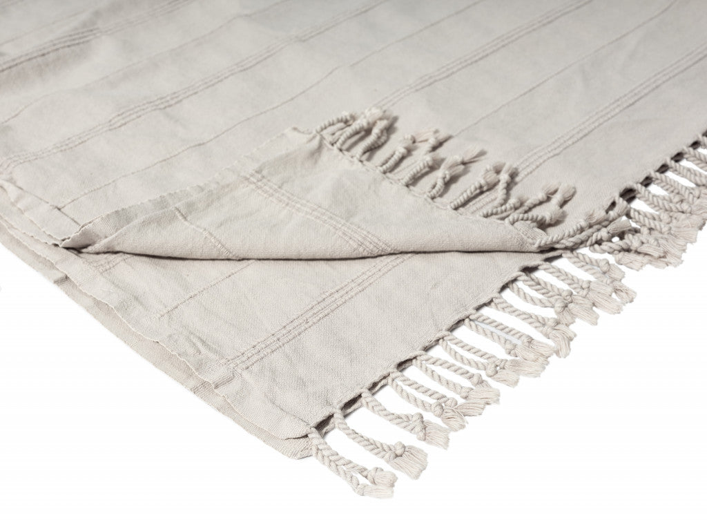 Beige Woven Cotton Striped Throw Blanket