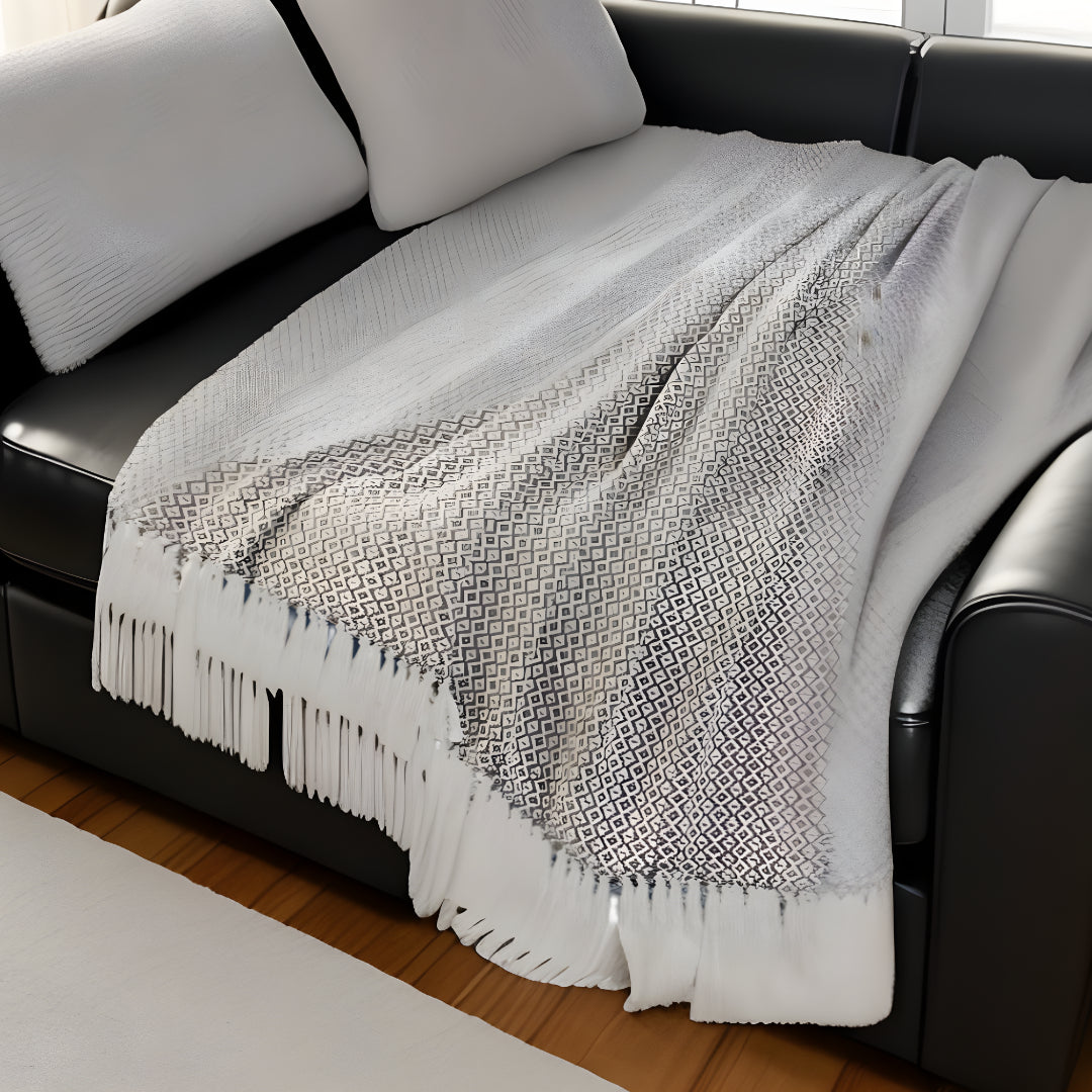 Gray and White Woven Cotton Geometric Throw Blanket