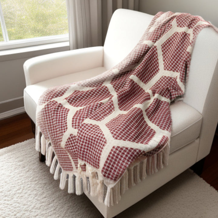 Red Woven Cotton Geometric Throw Blanket