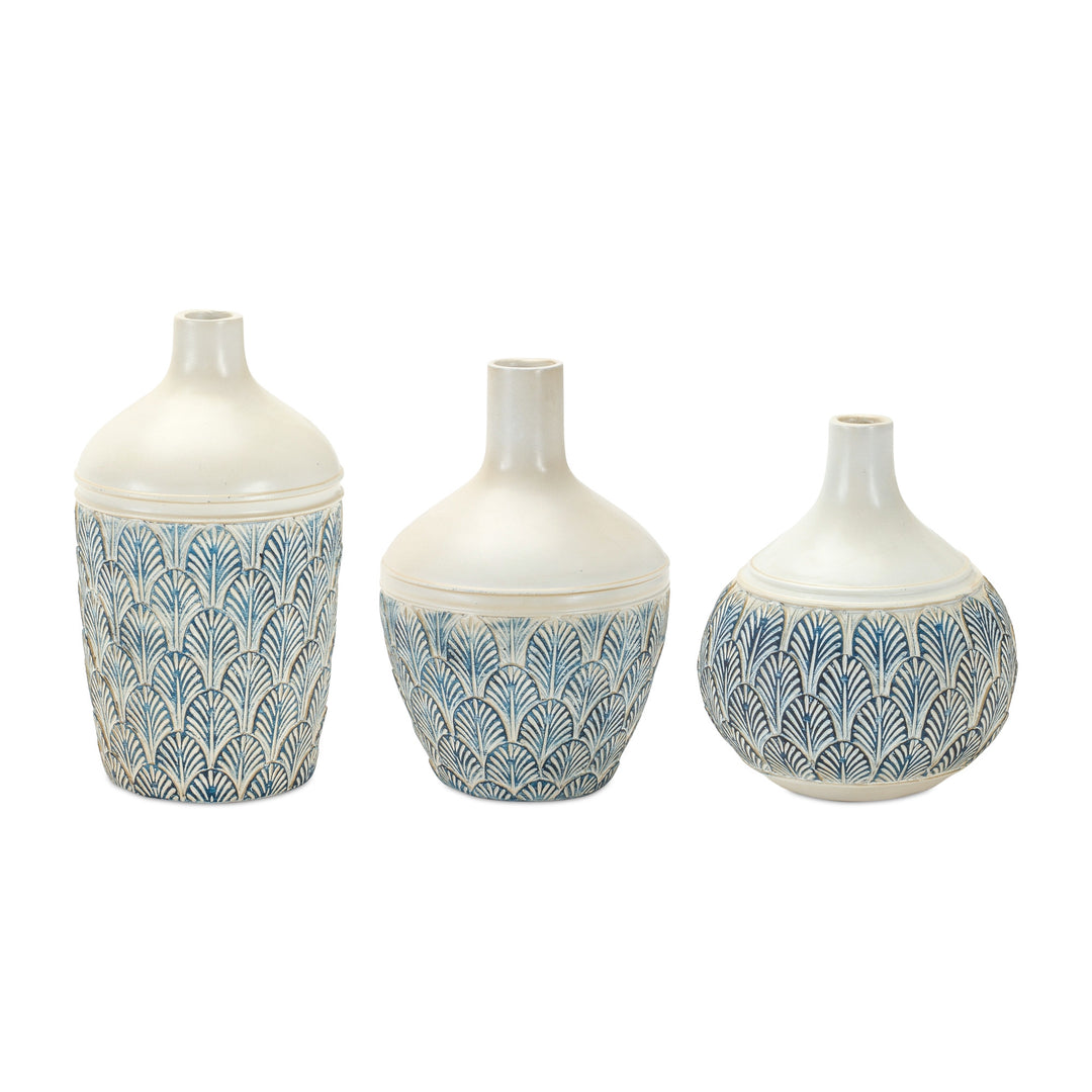 Set Of Three 6" Polyresin Blue and White Round Table vase