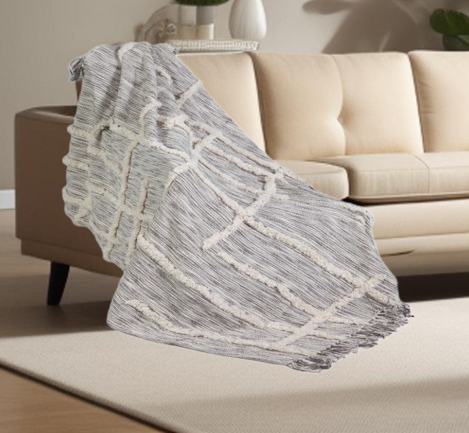 Gray Woven Cotton Striped Throw Blanket