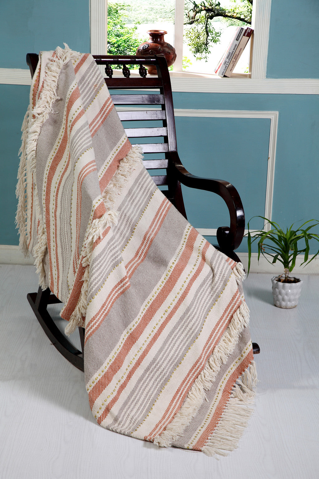 Beige Woven Cotton Striped Throw Blanket